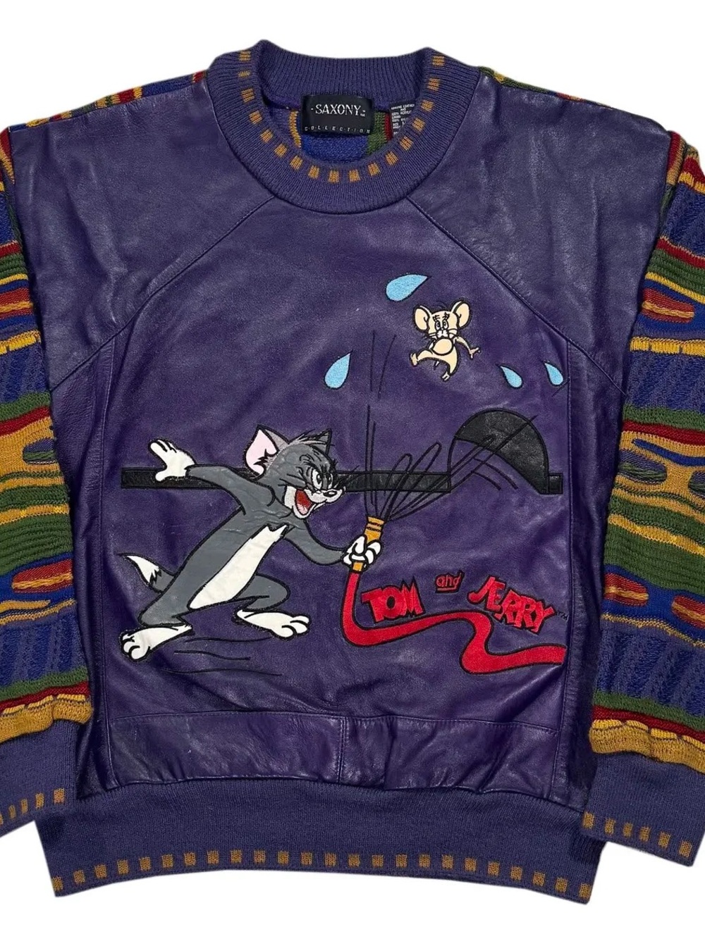 Vintage Saxony Tom & Jerry Purple Leather Sweater (Size M)